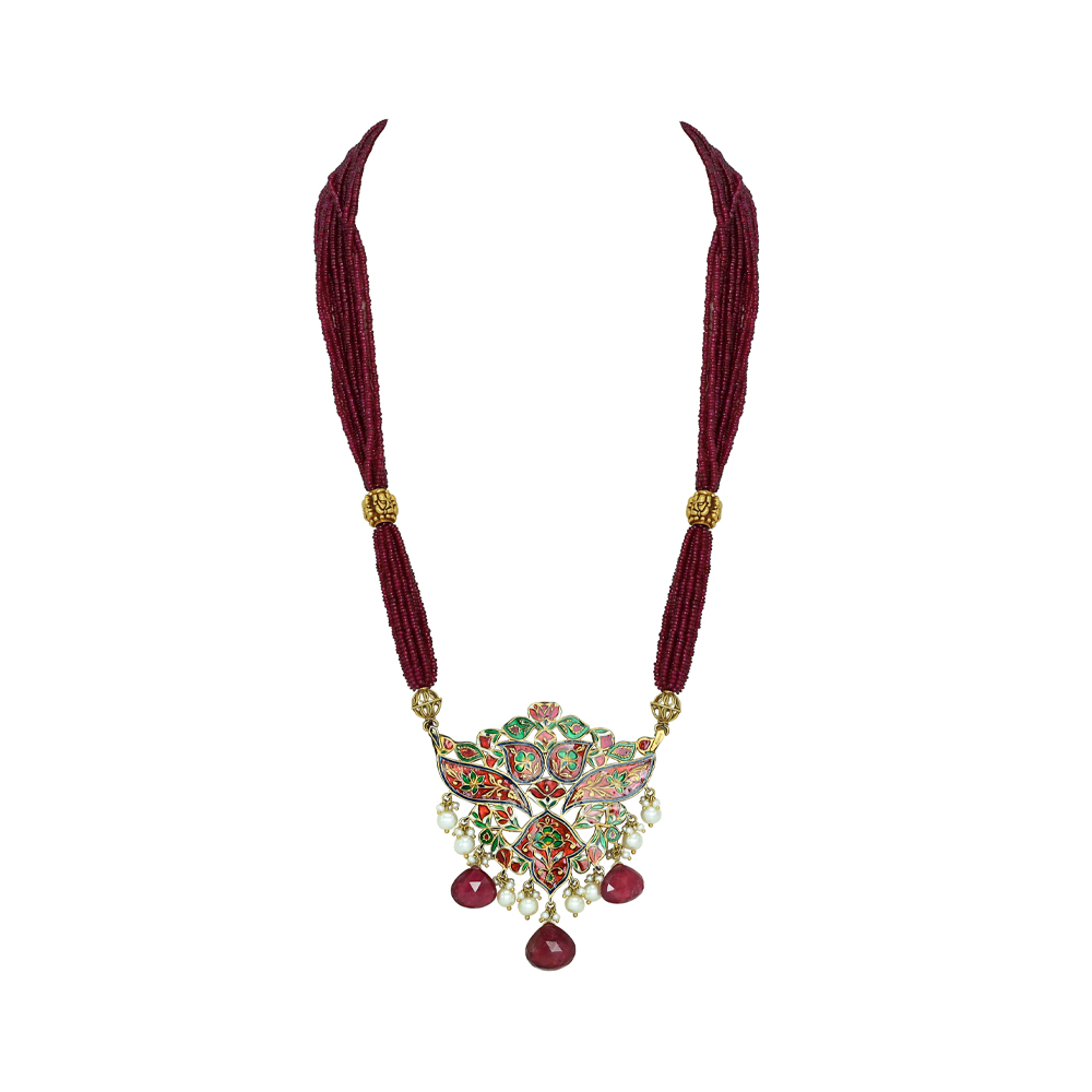 Red Enamel Polki Pendant Set with Tourmaline and Pearl Drops